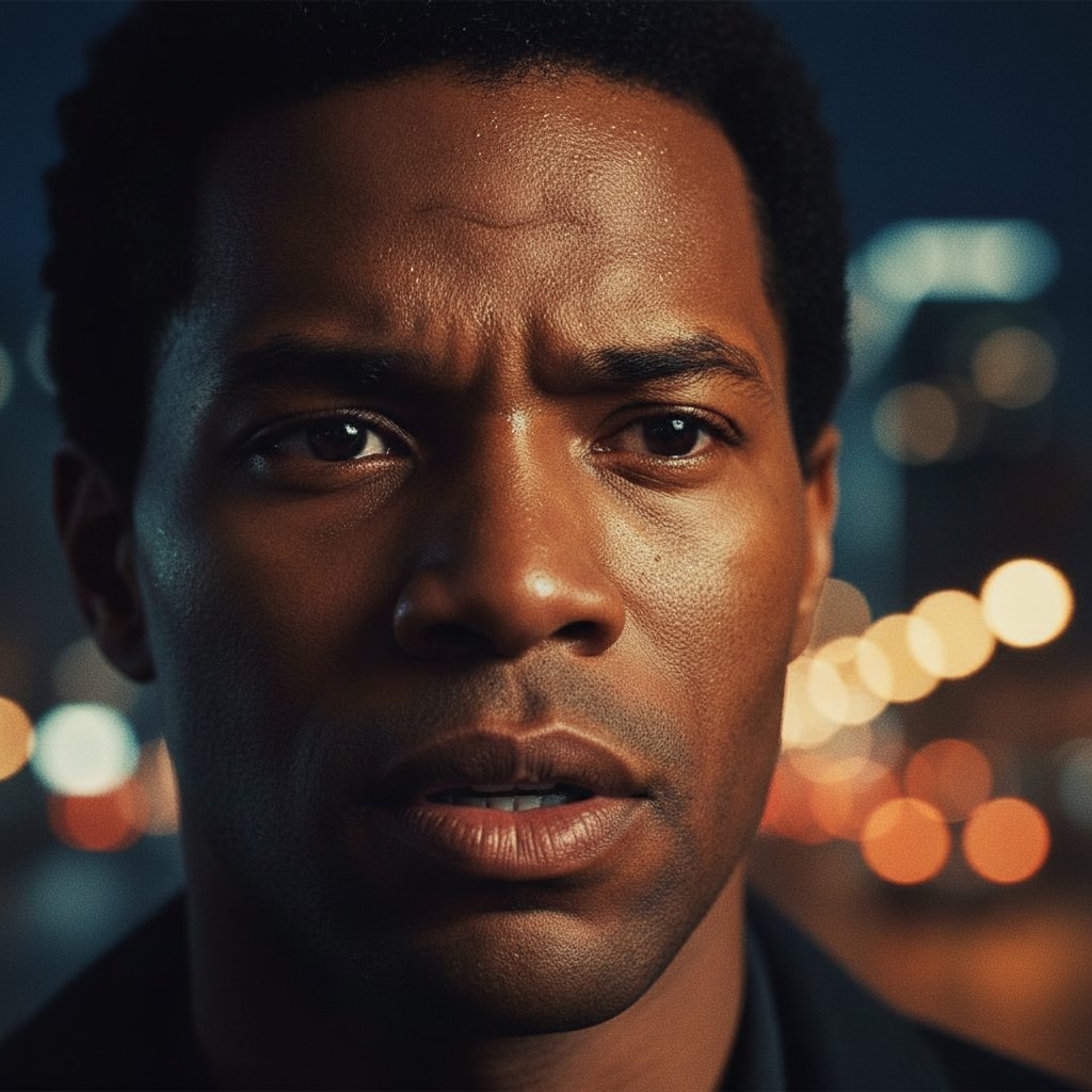 Jamie Foxx dramatic closeup, intense expression, cinematic lighting, unforgettable movie moment, Hollywood style