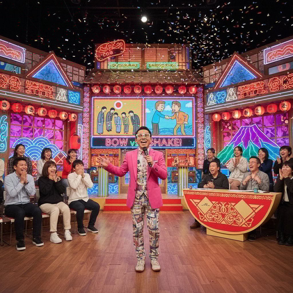 Japanese comedian on stage highlighting cultural humor differences, late-night show, audience in traditional and modern dress, vibrant studio colors, movie lost in translation humor