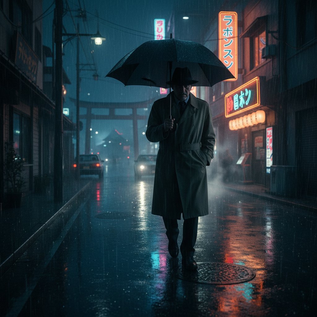 Rainy urban street inspired by classic Japanese detective cinema, representing international detective movie atmosphere
