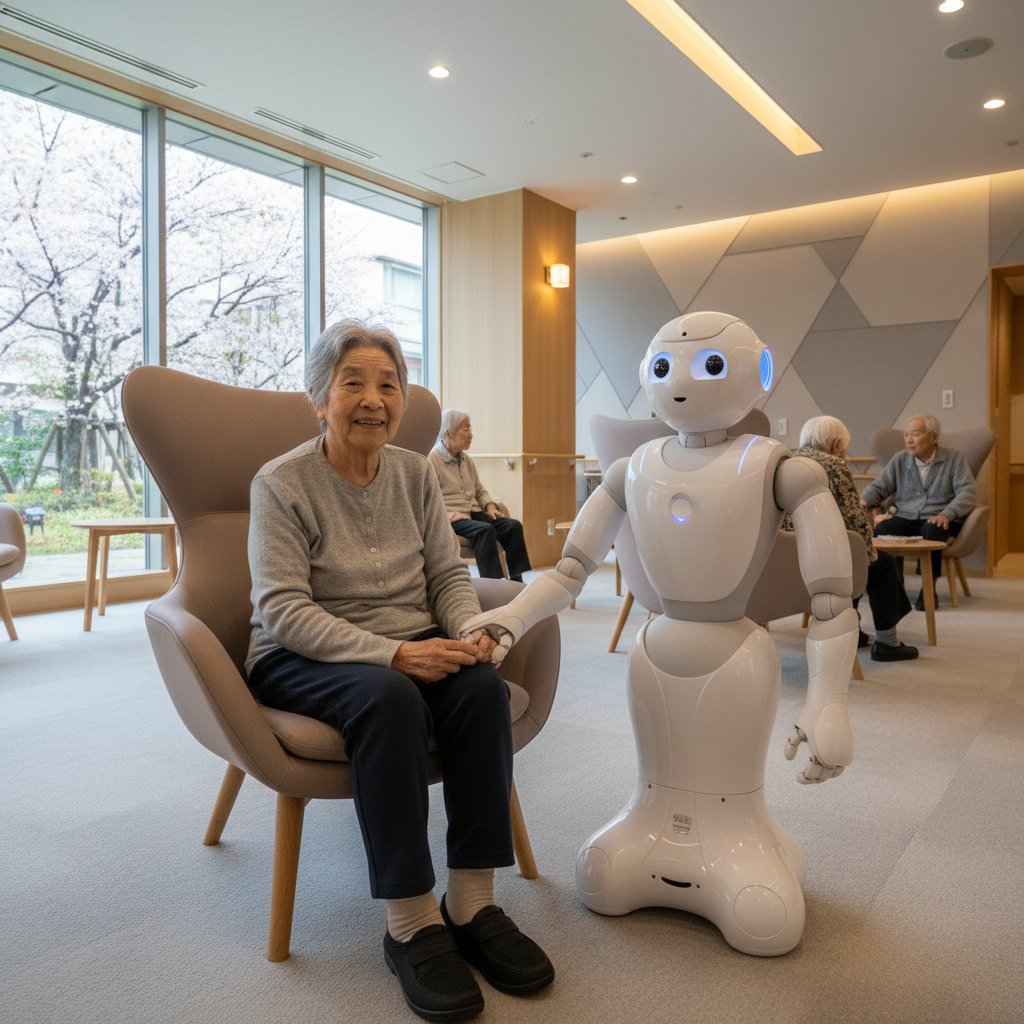 Starszy Japończyk i robot opiekuńczy – nowoczesny dom spokojnej starości