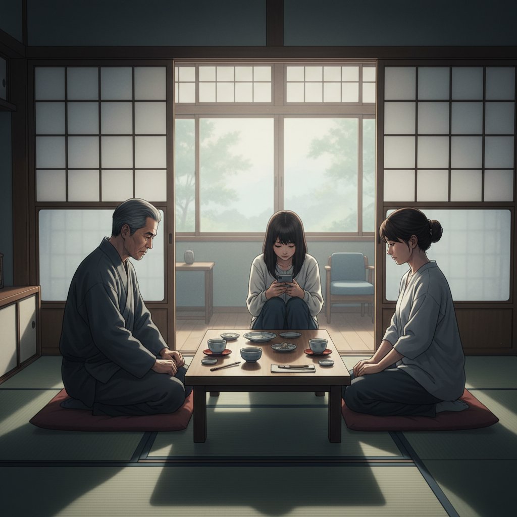 Three generations of a Japanese family seated in a traditional room, each facing a different direction