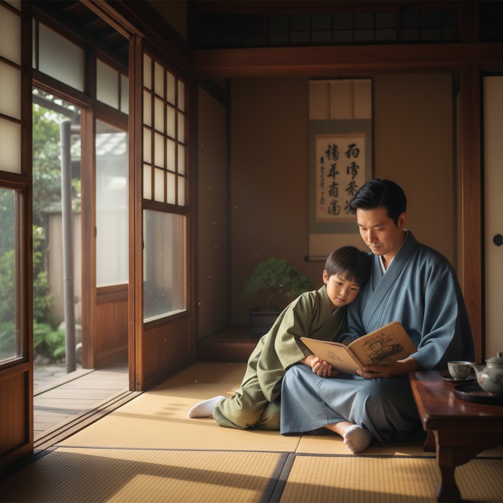 Photo from a Japanese family film, father and son in a quiet, traditional house