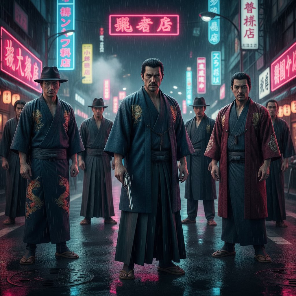 Still from a Japanese gangster film, neon-lit street, traditional attire, rain-drenched night