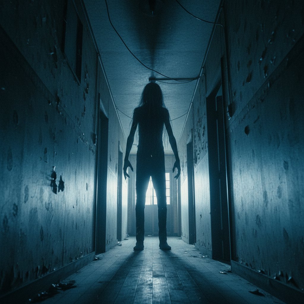 Stylized still from a J-horror film, shadowy figure in a narrow hallway, blueish tint