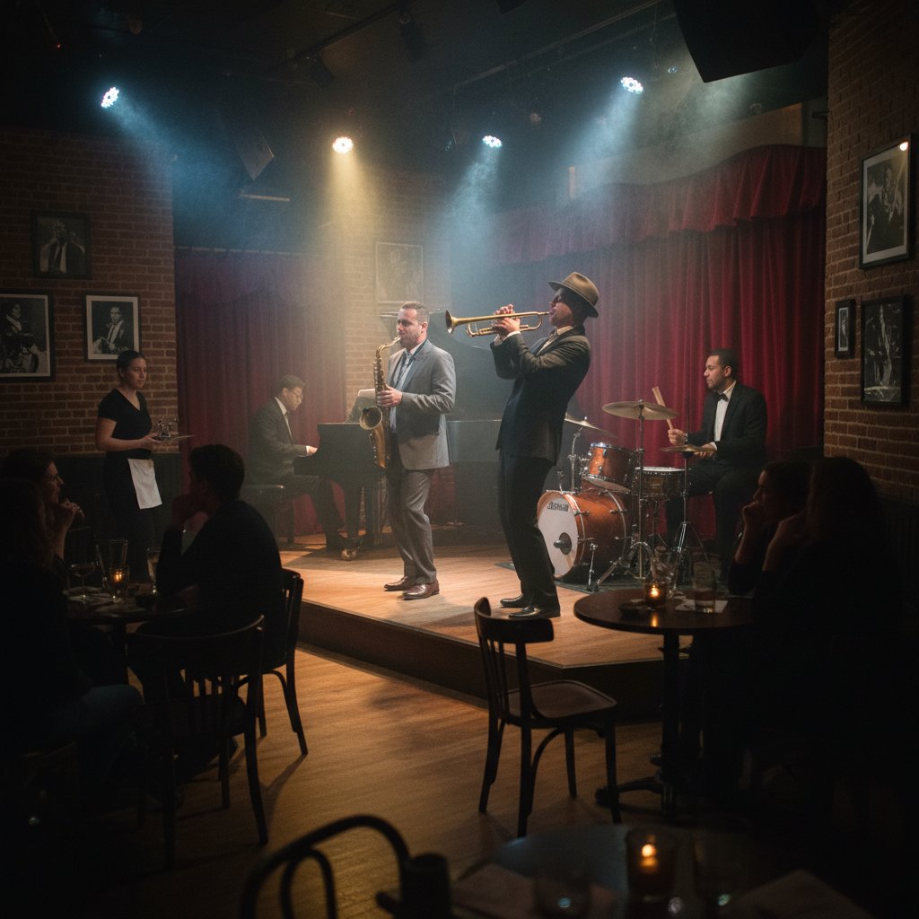 Atmospheric music scene from a hard boiled movie, jazz band in smoky club with cinematic lighting