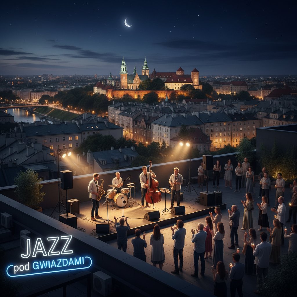Koncert jazzowy na dachu kamienicy, muzycy grający na tle miasta, Polska