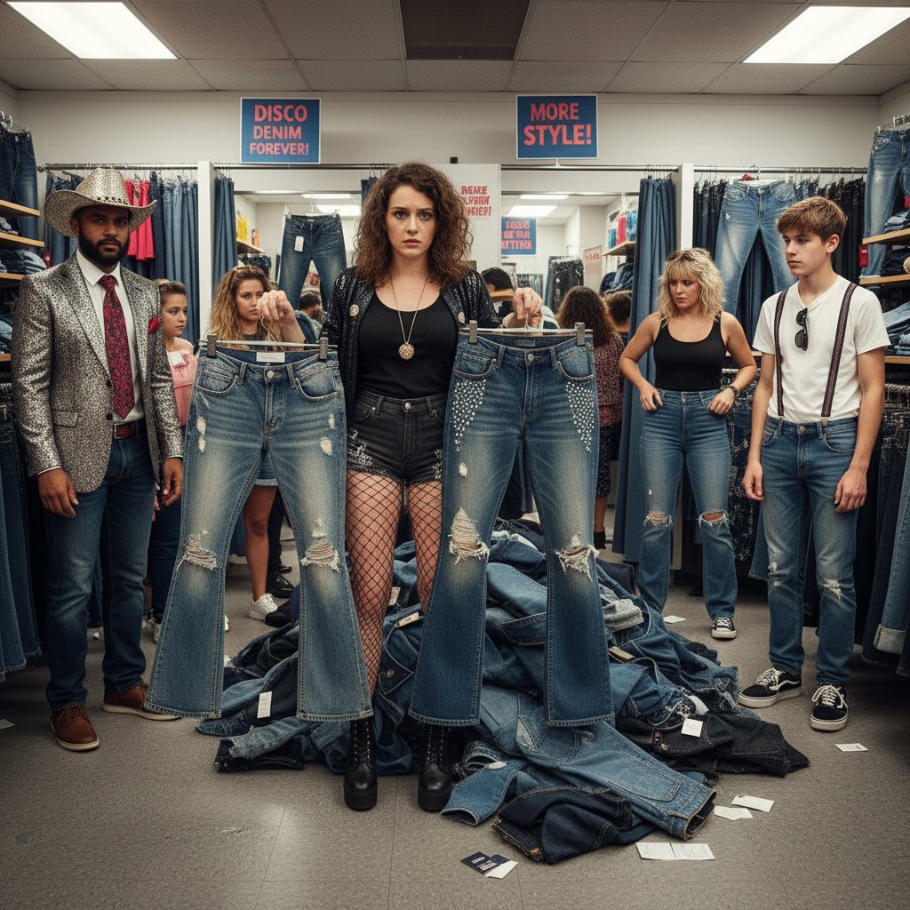 Półki w sklepie z jeansami, różne fasony i kolory, widoczne pomyłki klientów przy wyborze