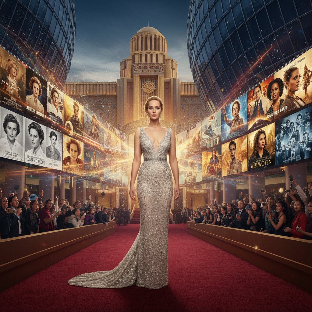 Dramatic portrait of Jennifer Lawrence surrounded by images of earlier and contemporary female leads, symbolizing the evolution of women in film