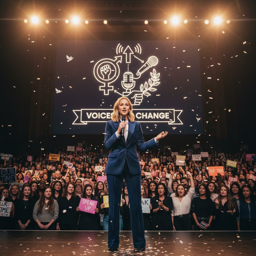 Jennifer Lawrence at a public event, engaging with fans and activists, symbolizing her cultural impact