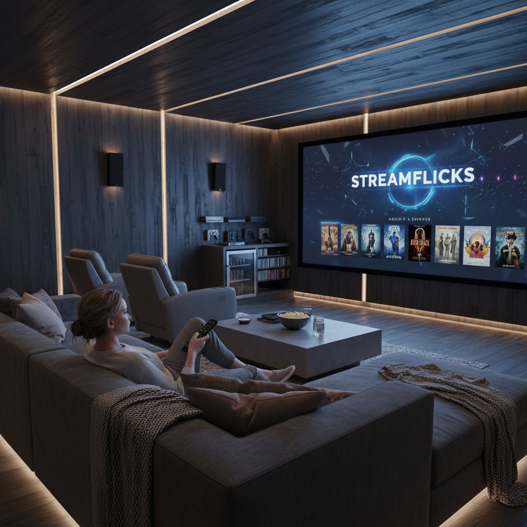 Modern home theater scene with Jennifer Lawrence movie streaming on a big screen
