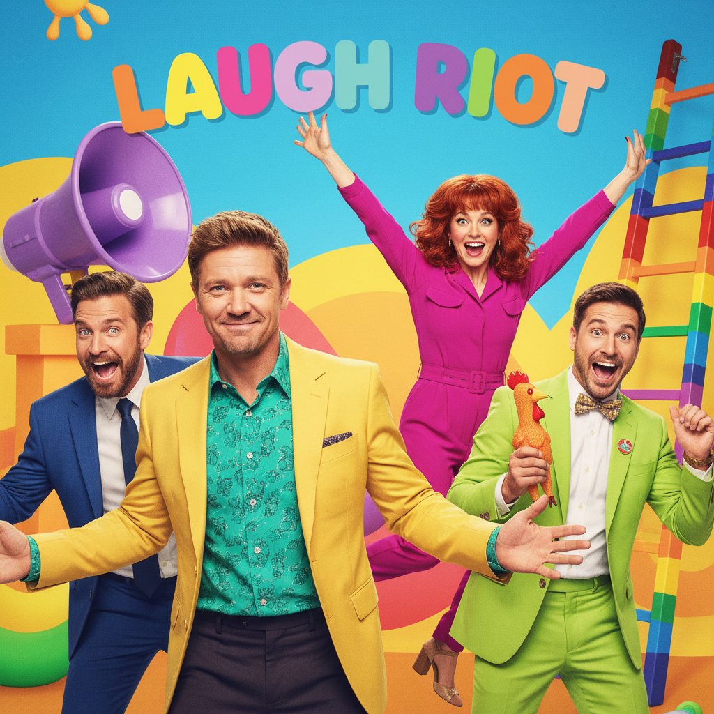 Renner in comedic ensemble, bright colors, group dynamic