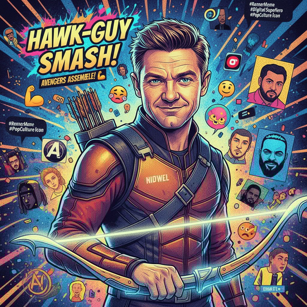 Digital artwork of Renner surrounded by meme culture, vibrant, meta