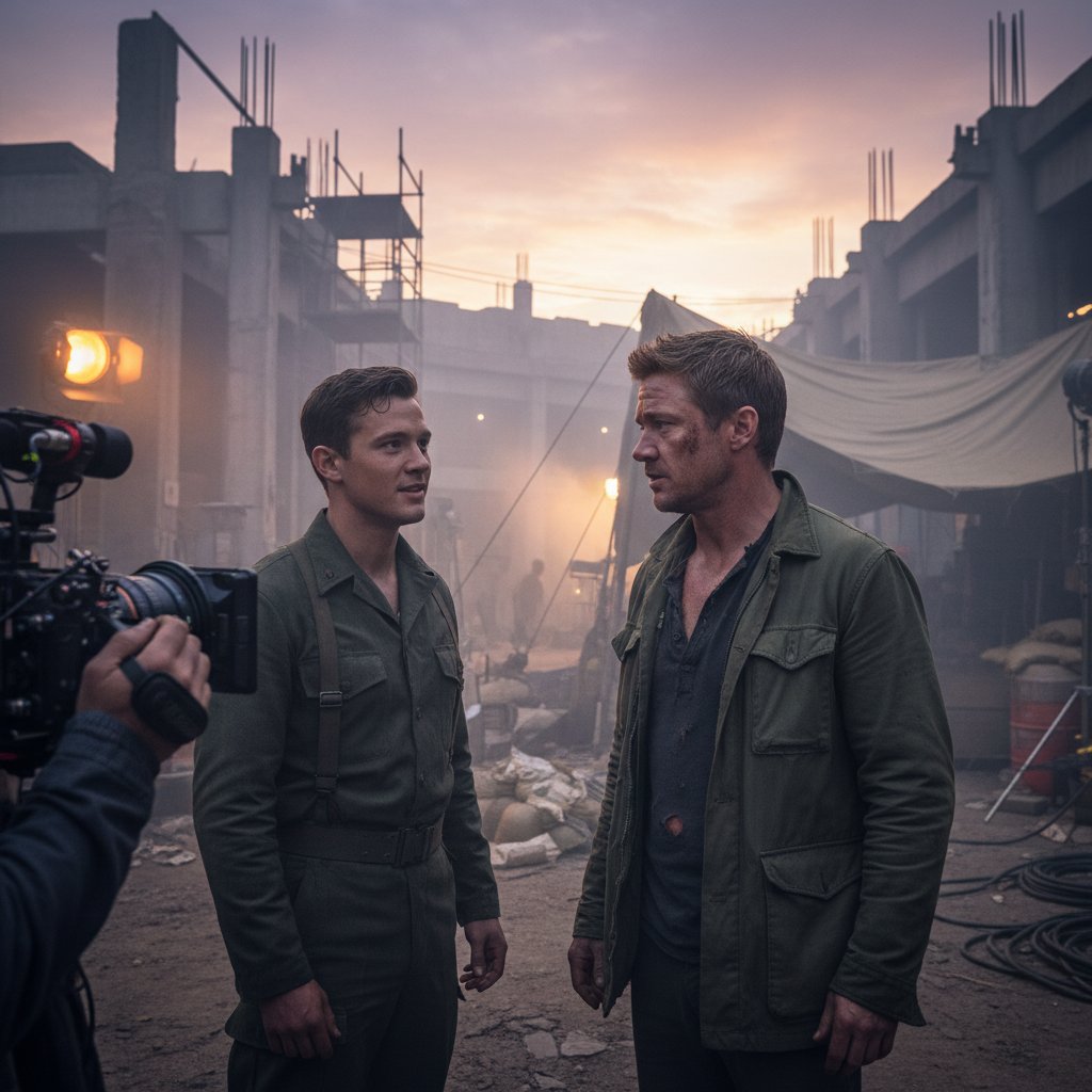 Young Renner on gritty set, handheld camera style, dusk