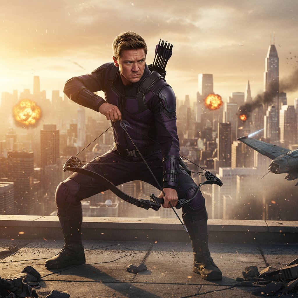 Renner as Hawkeye, tense, city rooftop, dawn light, edgy feel
