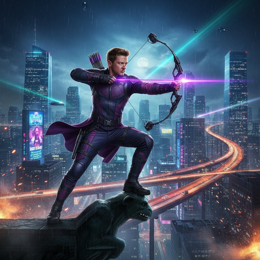 Renner in Hawkeye costume, dramatic lighting, neon cityscape