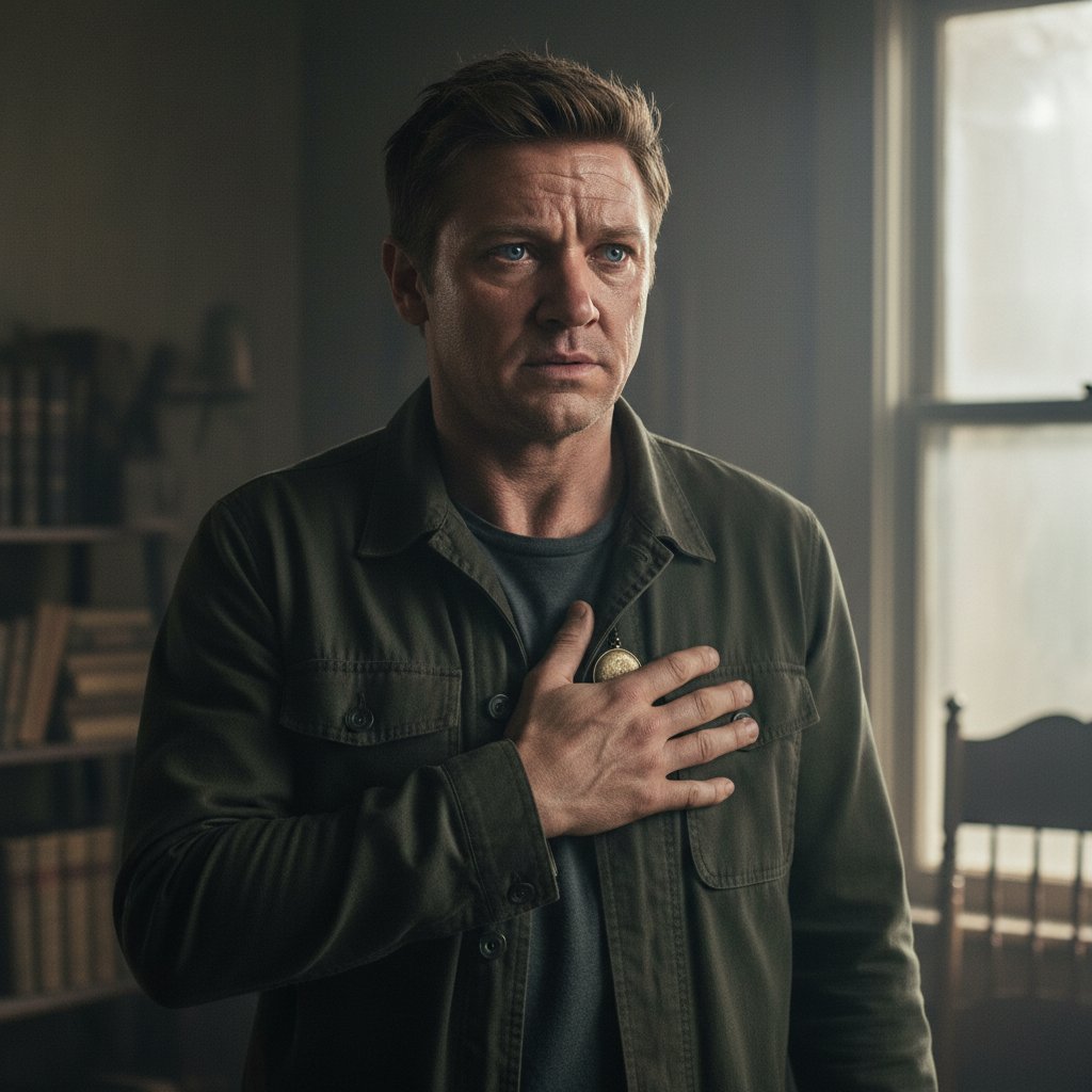 Renner in intense dramatic scene, soft lighting, tension visible