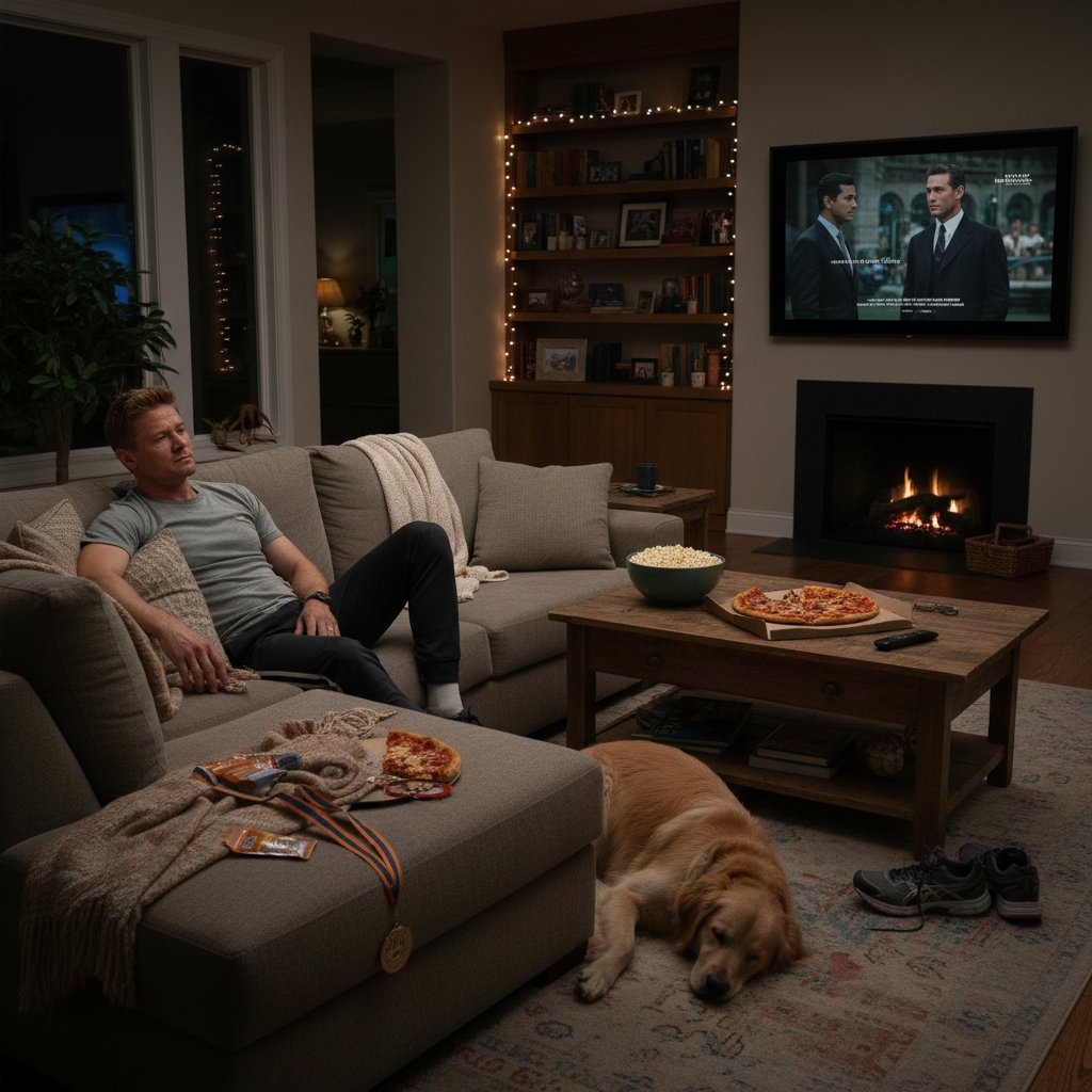 Cozy living room with Renner movies playing on screen, evening, inviting