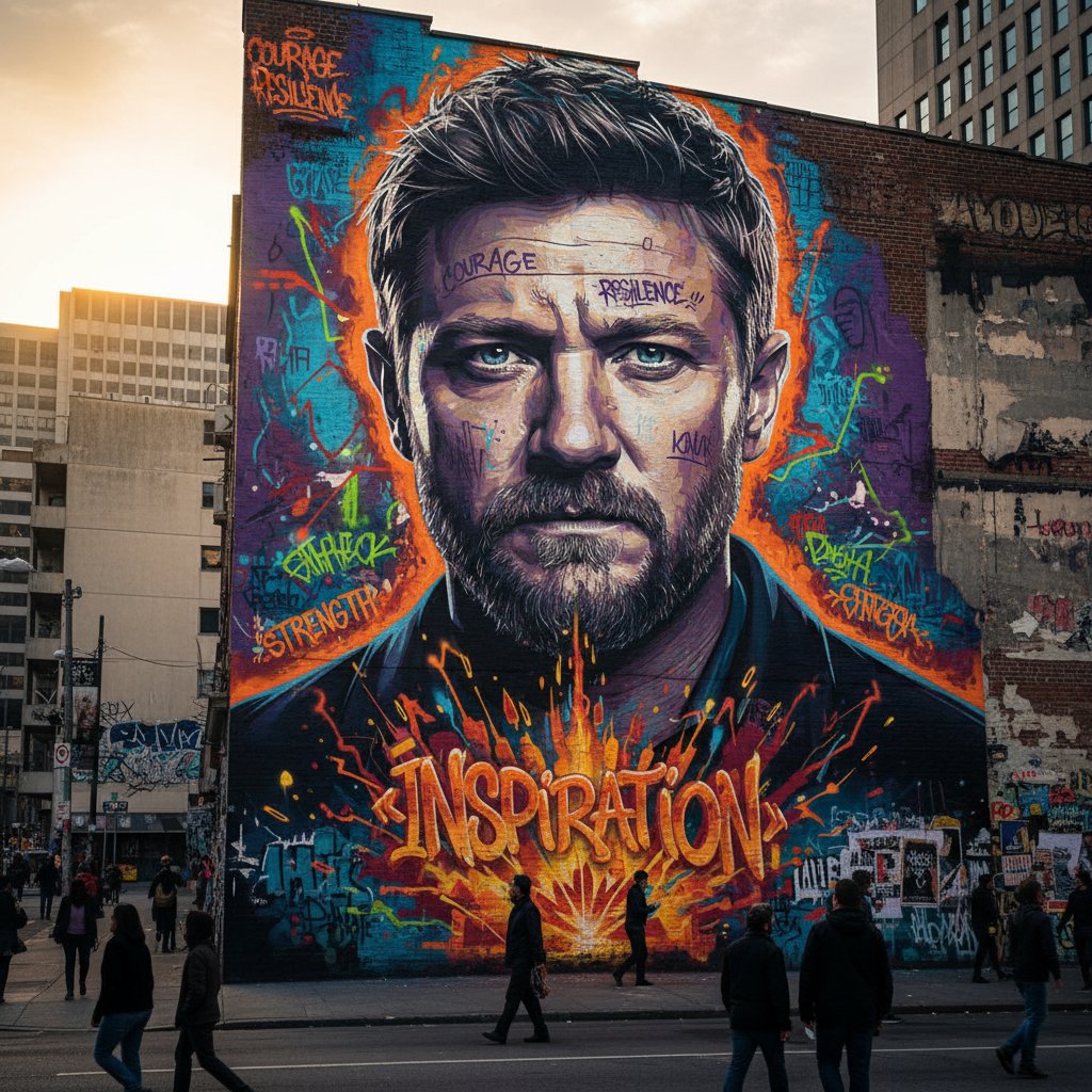 Street art inspired by Renner’s roles, urban setting, bold colors