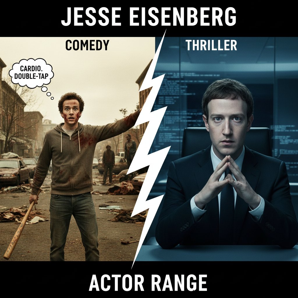 Split-screen collage of Eisenberg in various roles, showing range from comedy to thriller, diverse costumes and expressions