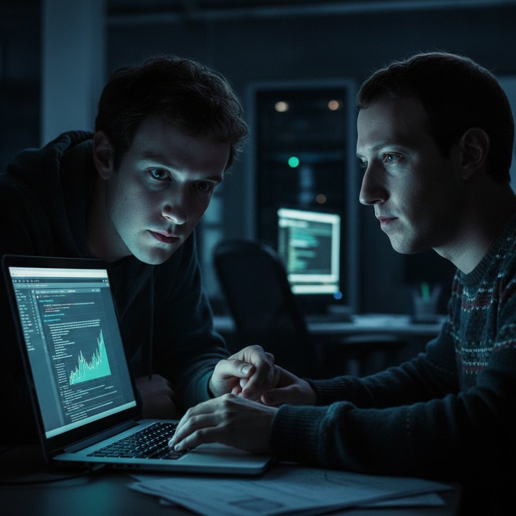 Dramatic shot of actor at a glowing laptop, Jesse Eisenberg as Mark Zuckerberg, cold light on face