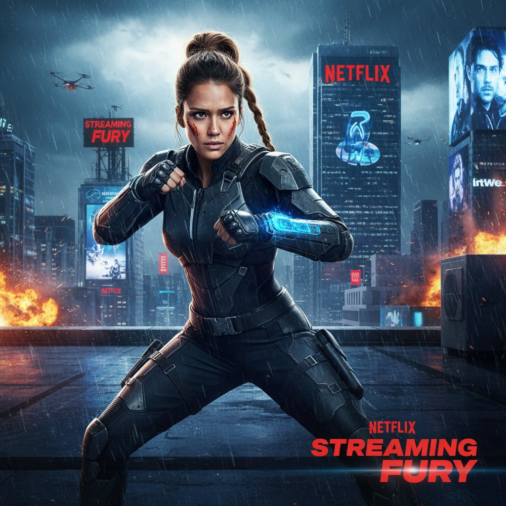 Jessica Alba starring in a Netflix action movie, streaming interface in background