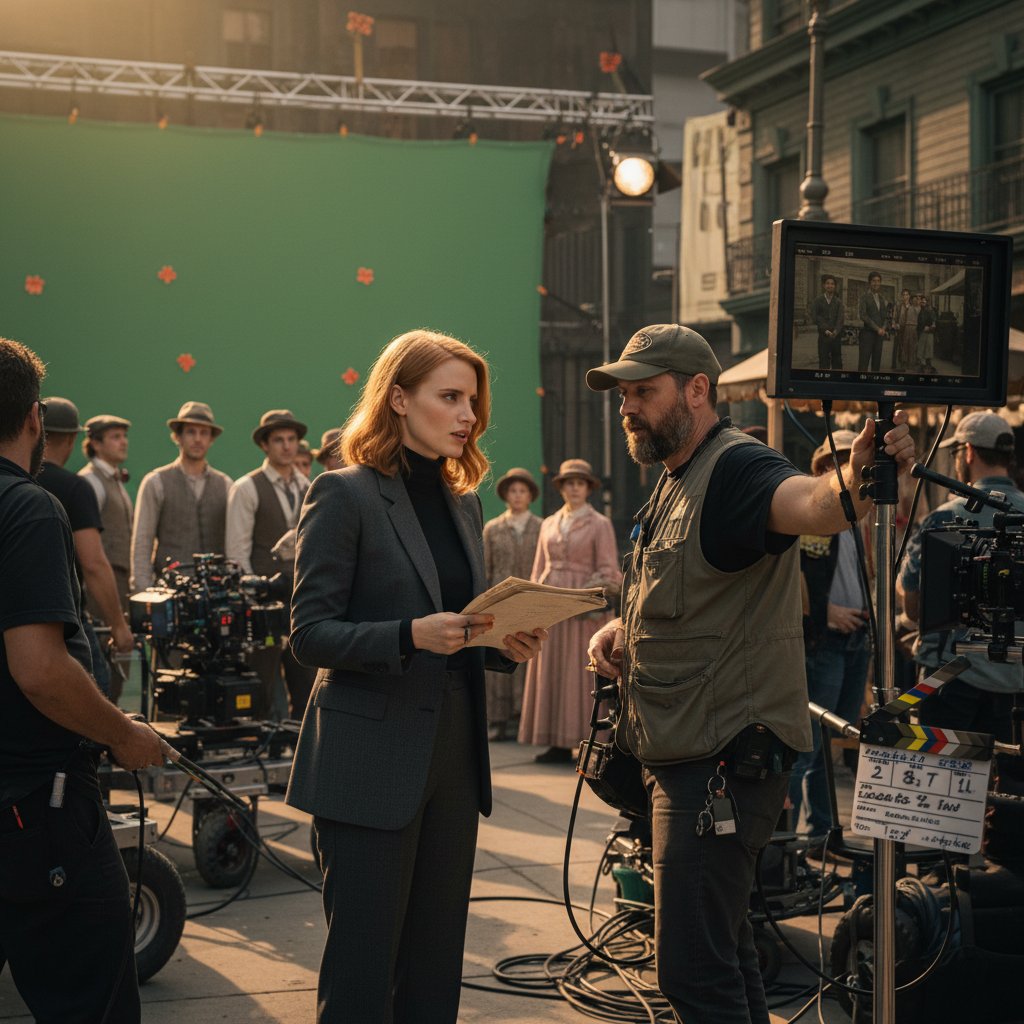 Jessica Chastain working with a director on set, intensely focused during rehearsal