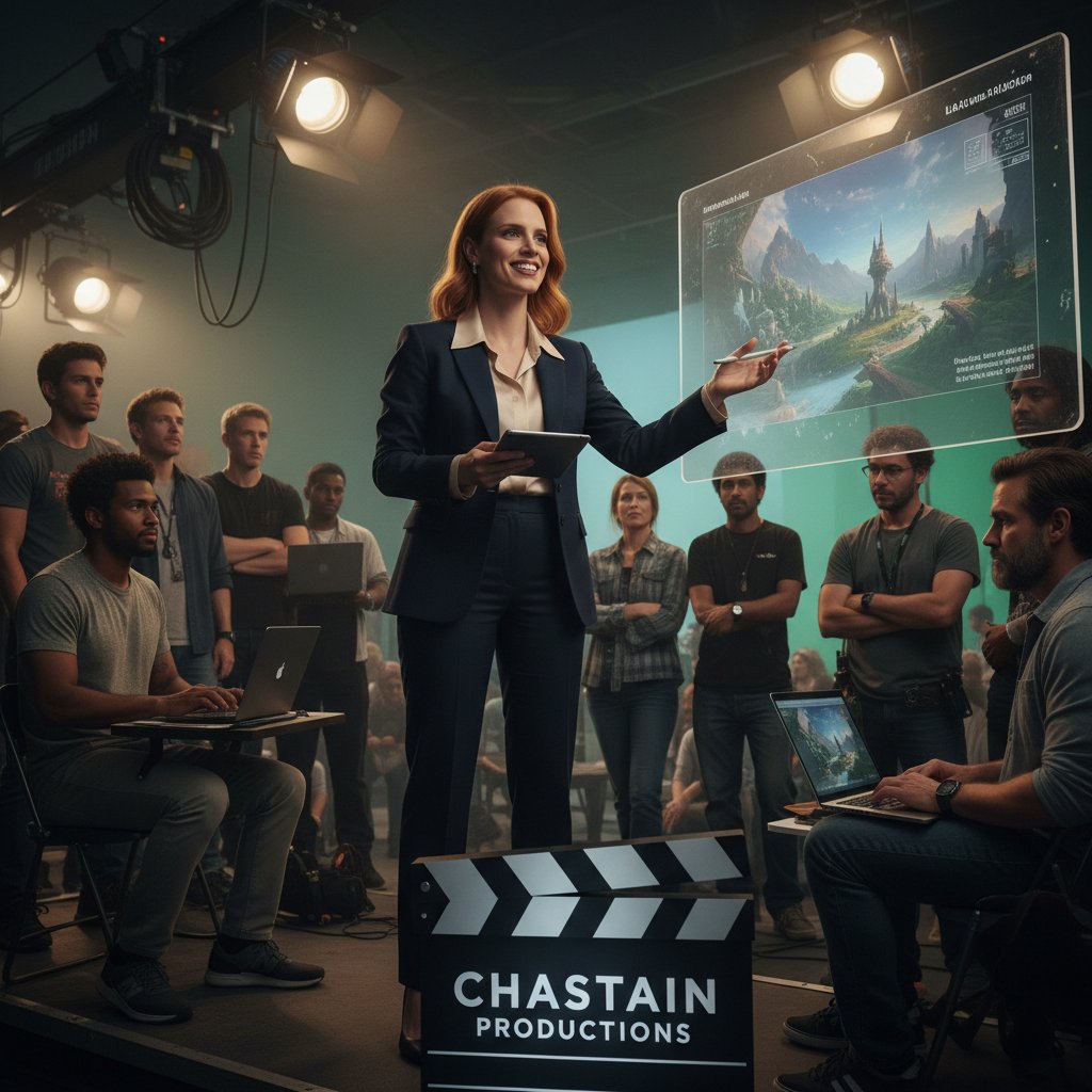 Jessica Chastain leading a group of actors on a busy Hollywood studio lot