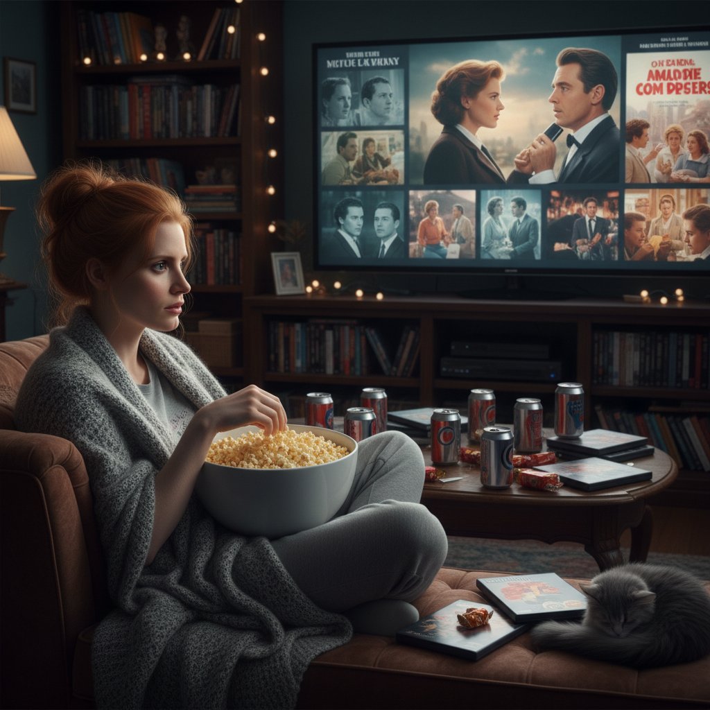 Movie night setup with Jessica Chastain films displayed on screen and popcorn ready