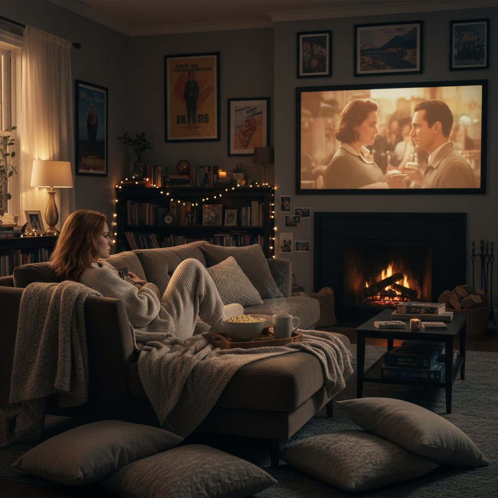 Jessica Chastain in a cozy living room, surrounded by movie memorabilia, choosing a film