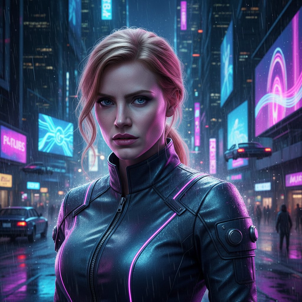 Jessica Chastain in a rain-soaked neon-lit city street, emanating intensity