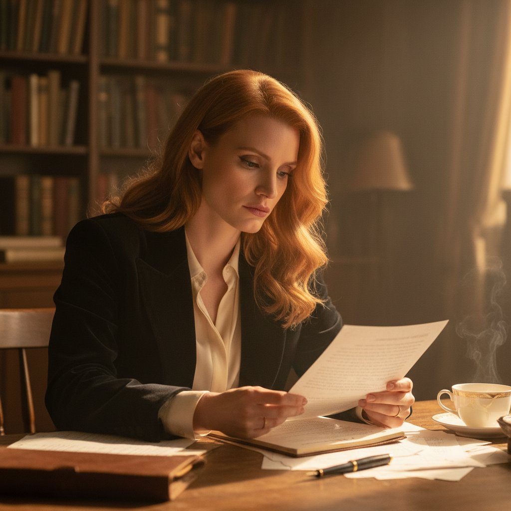 Jessica Chastain holding a script, thoughtful and focused, cinematic lighting
