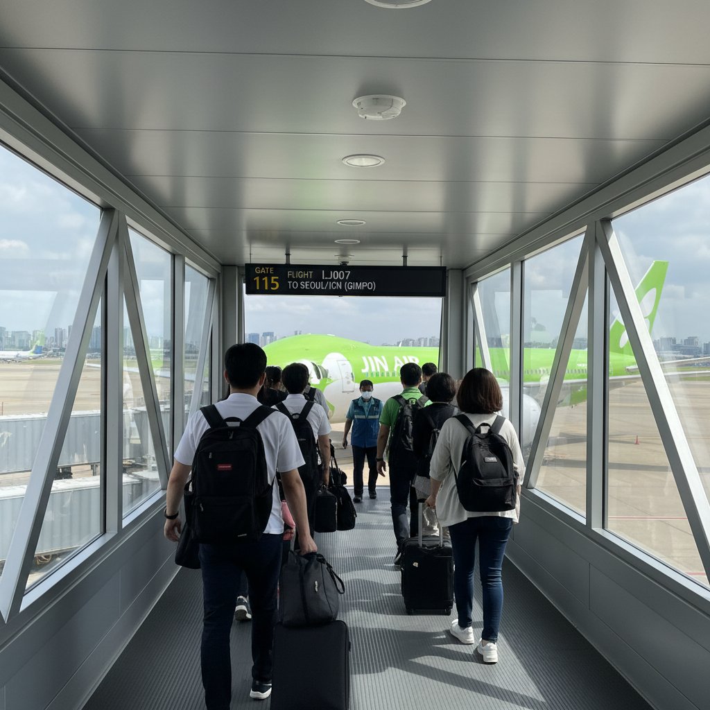 Passengers boarding Jin Air at Incheon airport, brand logo visible, busy atmosphere