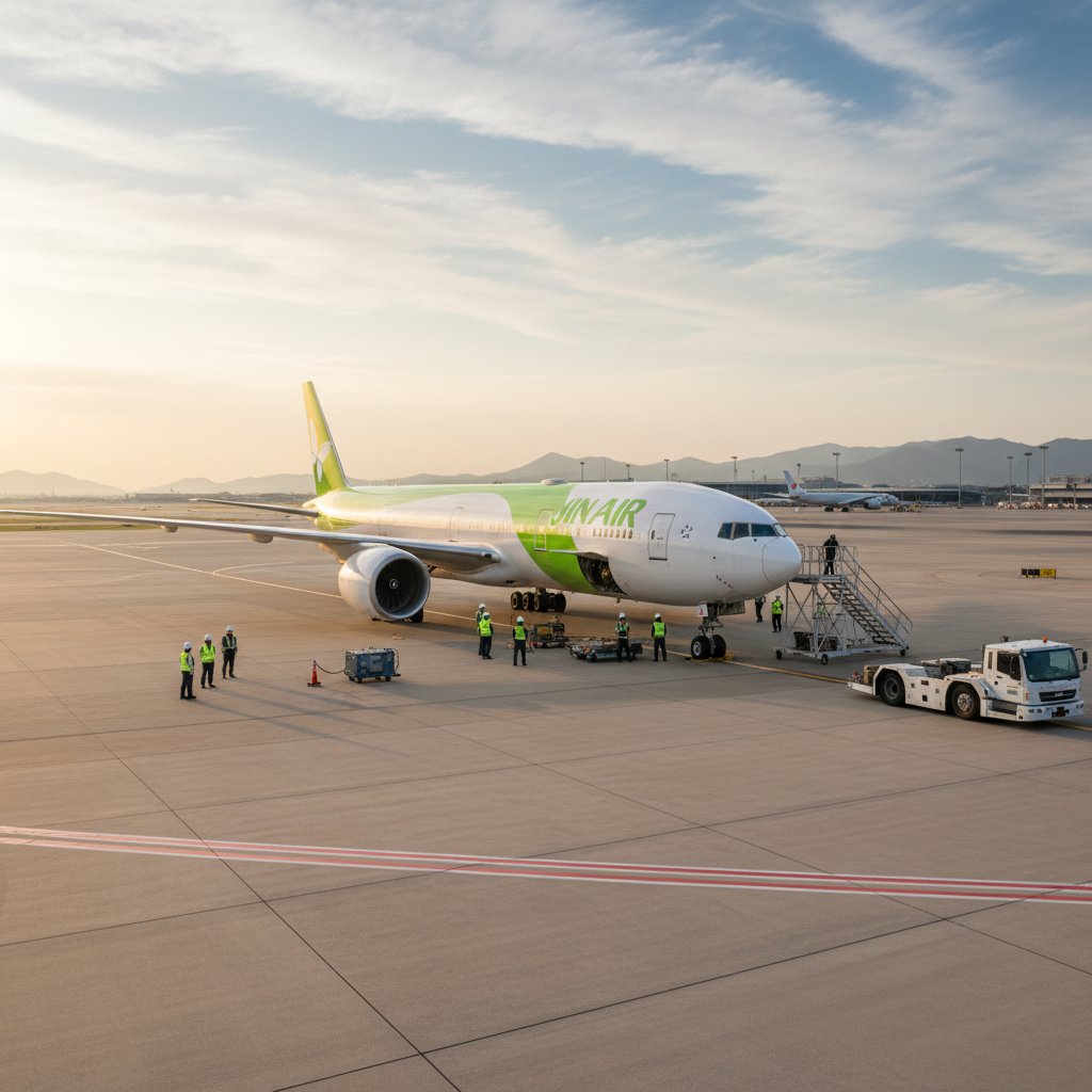 Jin Air Boeing 777 on runway, maintenance crew visible, safety checks in progress