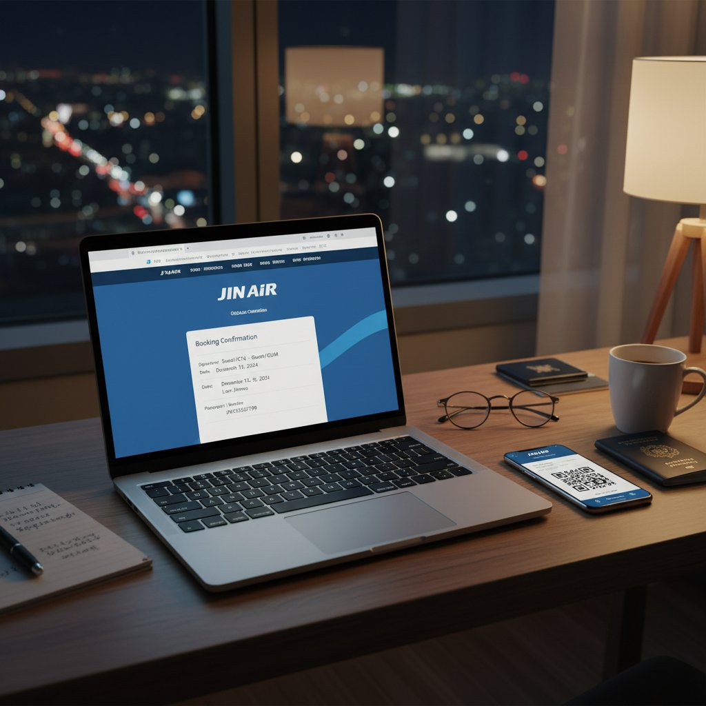 Traveler checking Jin Air booking details online, smartphone and laptop, illuminated screen, late night