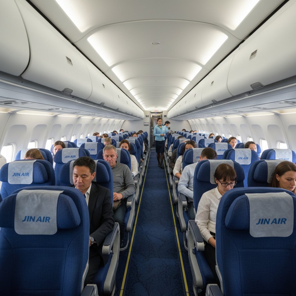 Jin Air cabin interior, passengers seated, wide aisles, natural daylight
