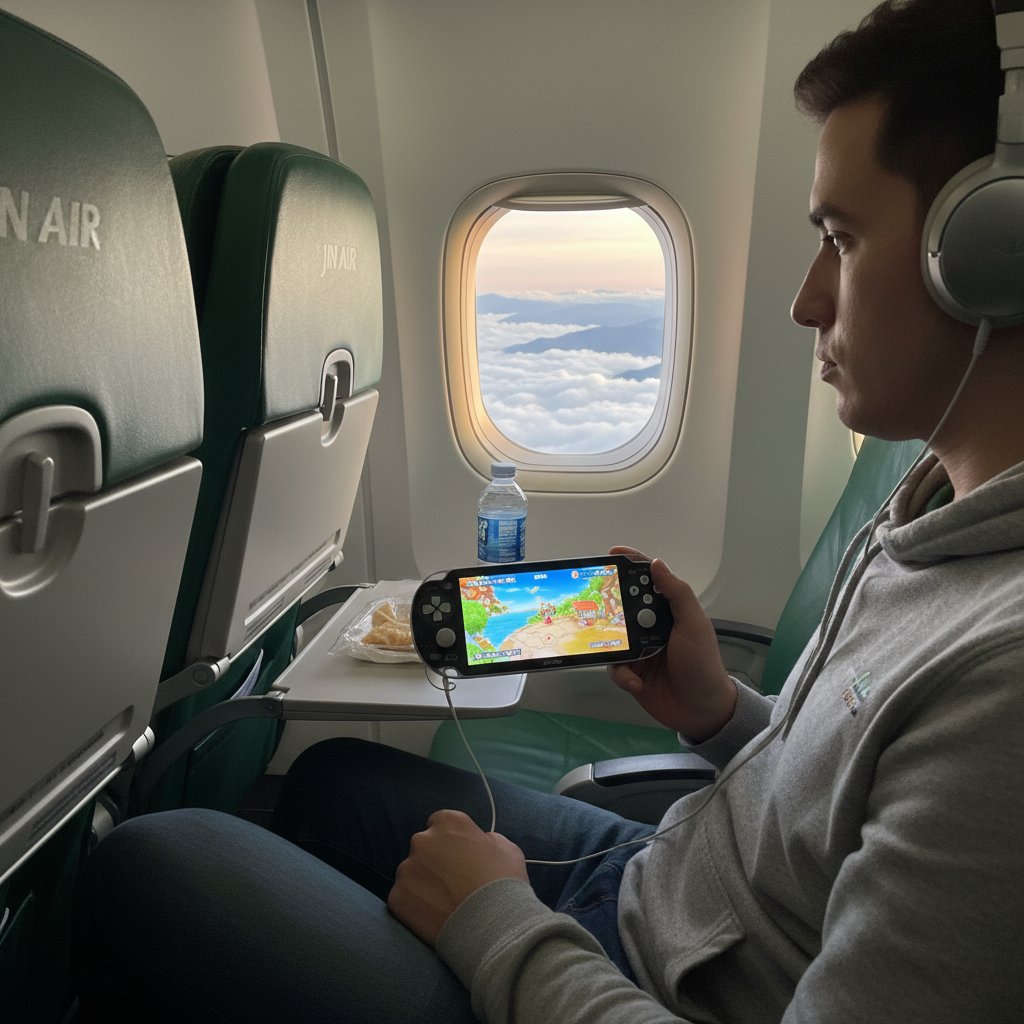 Traveler using PlayStation Vita on Jin Air flight, window view, relaxed atmosphere