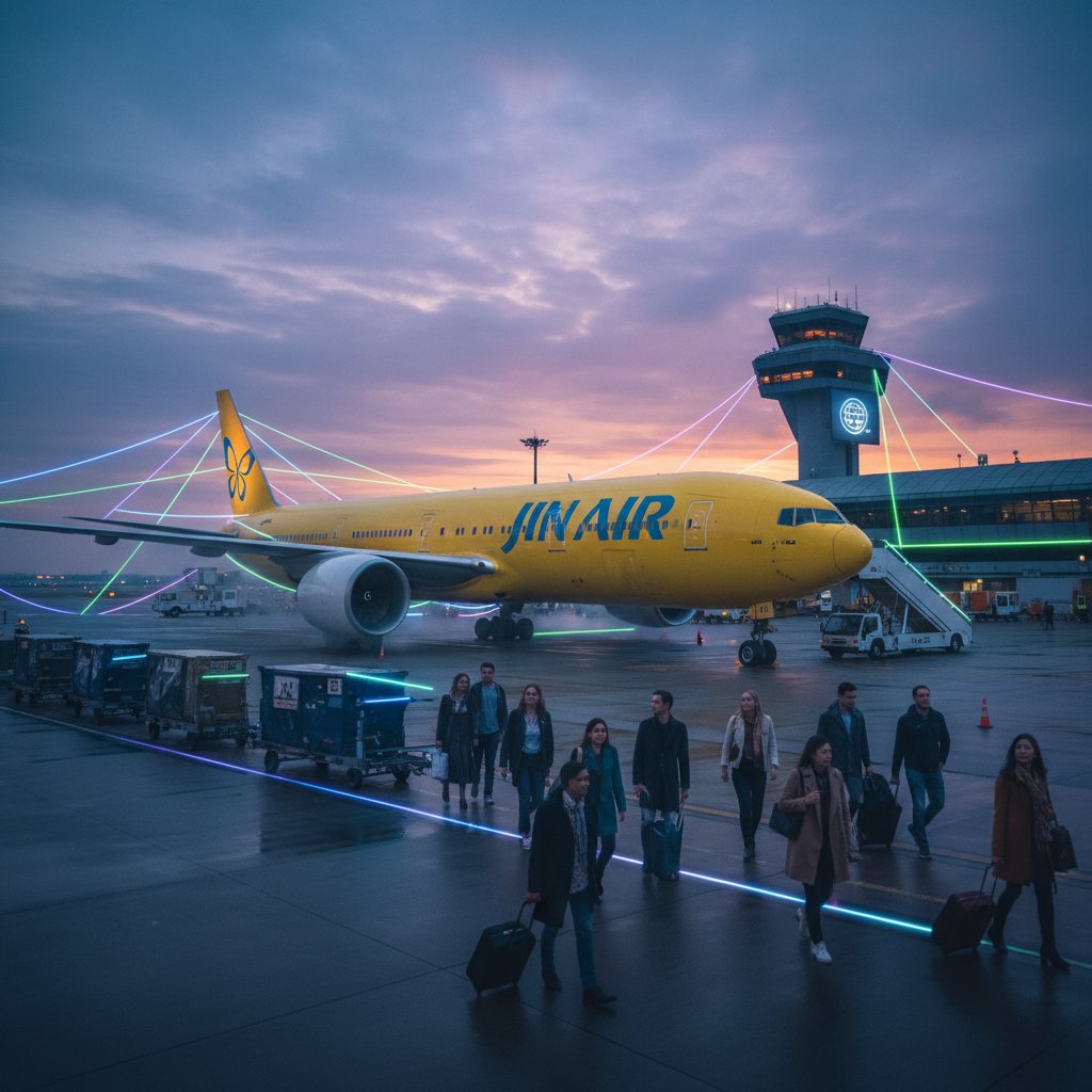 A Jin Air plane taxiing at dusk, neon lights reflecting on tarmac, edgy travel atmosphere