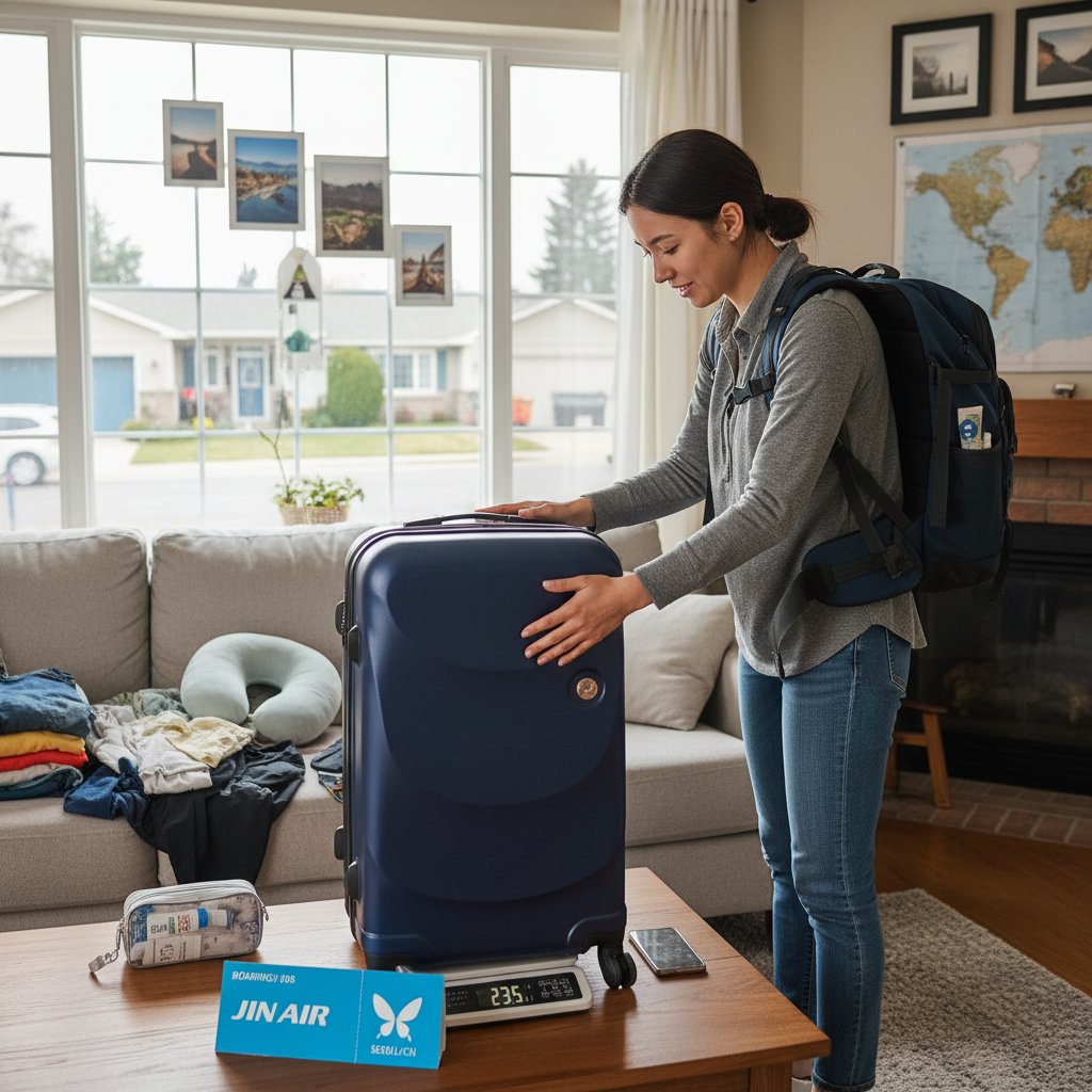 Traveler weighing suitcase at home, Jin Air ticket visible, preparing for flight