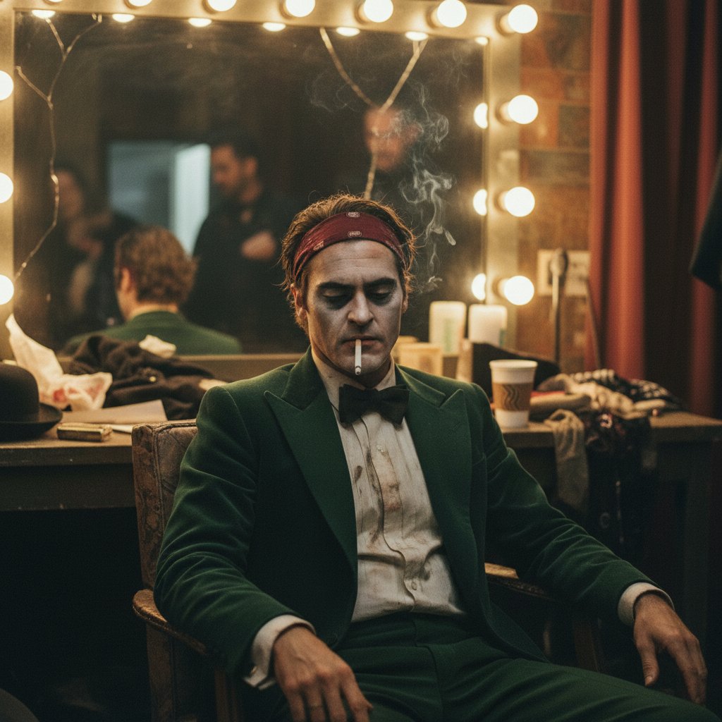 Cinematic portrait of Joaquin Phoenix preparing backstage in low light, reflecting movie intensity