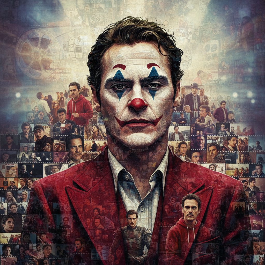 Mosaic of Joaquin Phoenix in iconic roles throughout his film career, high-contrast and narrative visual