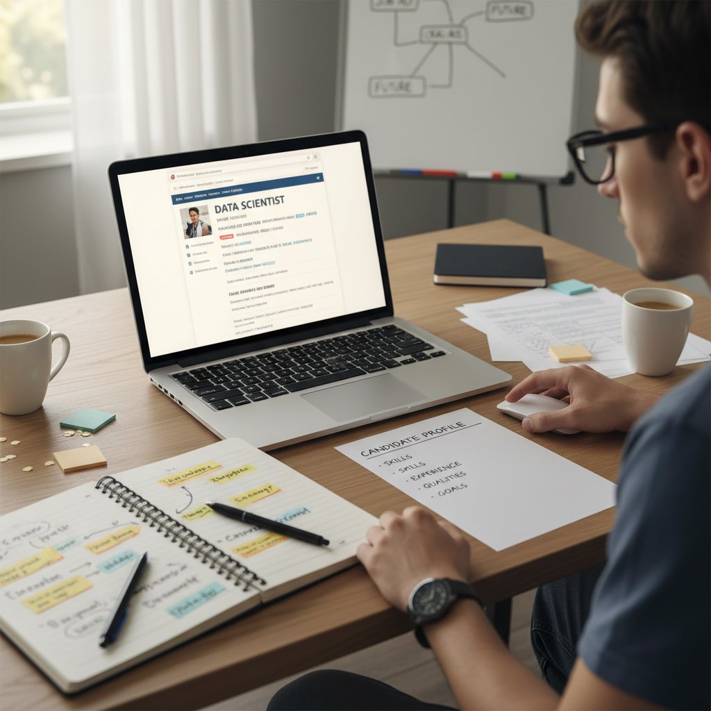 Kandydat analizuje ogłoszenie o pracę, zakreśla słowa kluczowe, laptop, notatki, słowa kluczowe: analiza oferty pracy, słowa kluczowe