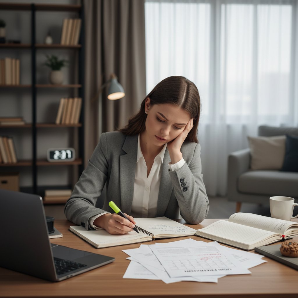 Kandydat czytający notatki przed rozmową kwalifikacyjną, skupiony, w otoczeniu biurowym