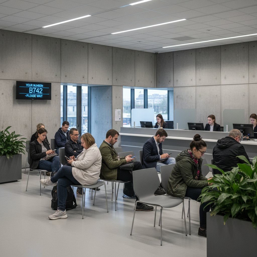 Wnętrze urzędu pracy z oczekującymi osobami, szary klimat, brak nowoczesnych technologii