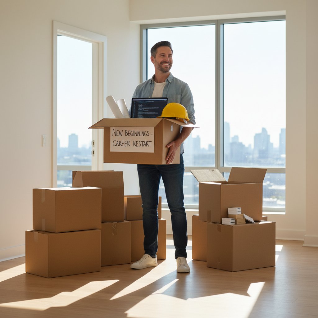 Osoba trzymająca pudełko z rzeczami z pracy, symbolizująca zmianę branży i nowy początek zawodowy