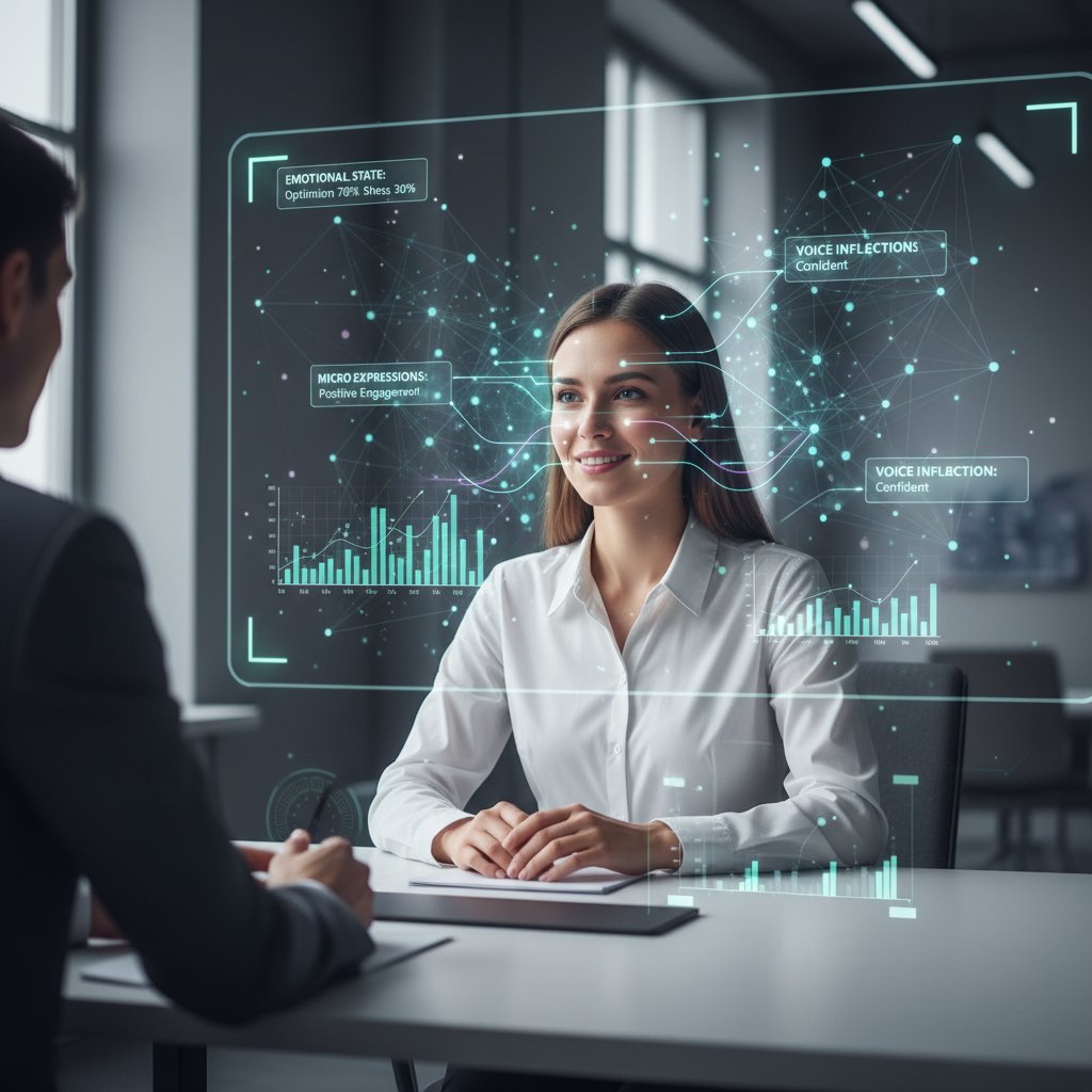 Rozmowa kwalifikacyjna online, twarz kandydata analizowana przez AI w tle