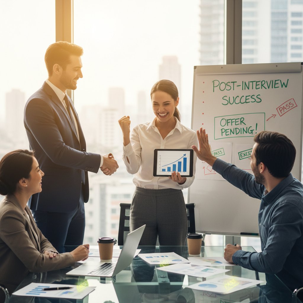 Nowoczesny kandydat analizujący notatki po rozmowie, słowa kluczowe: analiza rozmowy kwalifikacyjnej, sukces