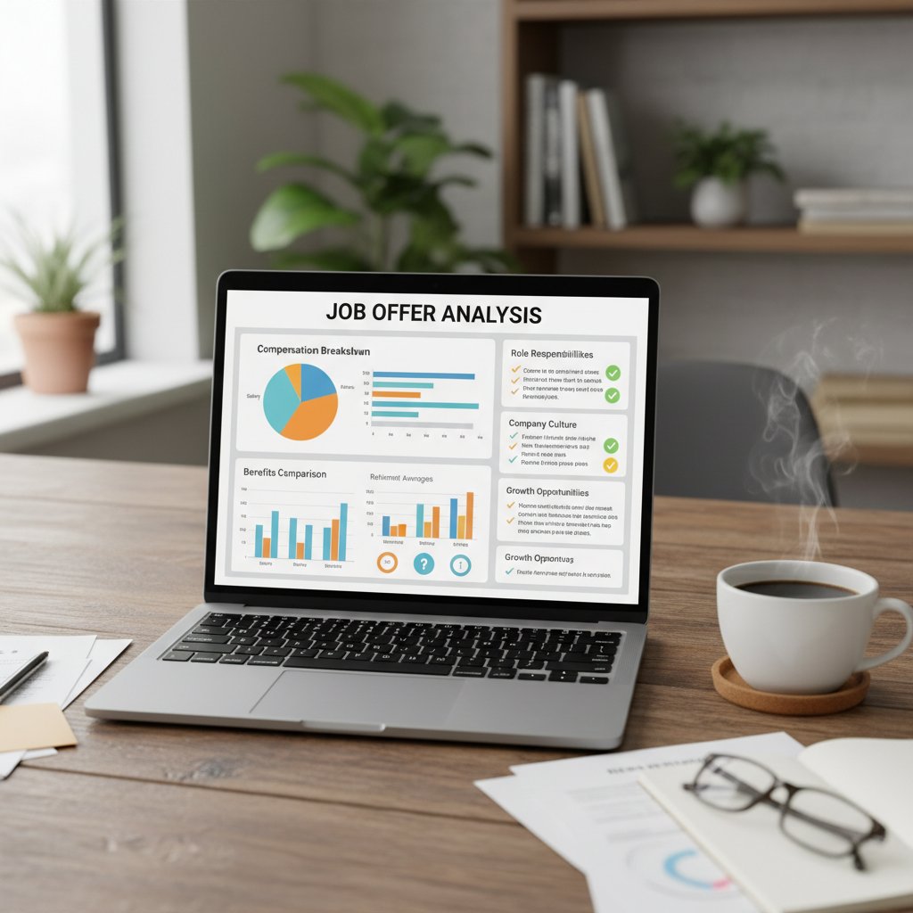 Pracownik analizujący ofertę pracy na laptopie, z notatnikiem i kawą