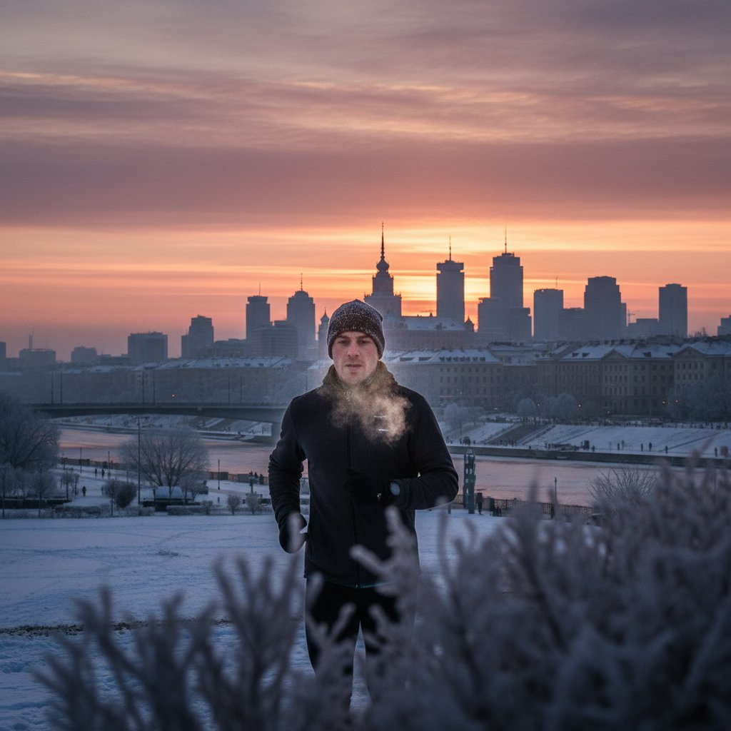 Osoba biegnąca o świcie w Warszawie, odporność, zdrowy styl życia, zimowy krajobraz, aktywność fizyczna