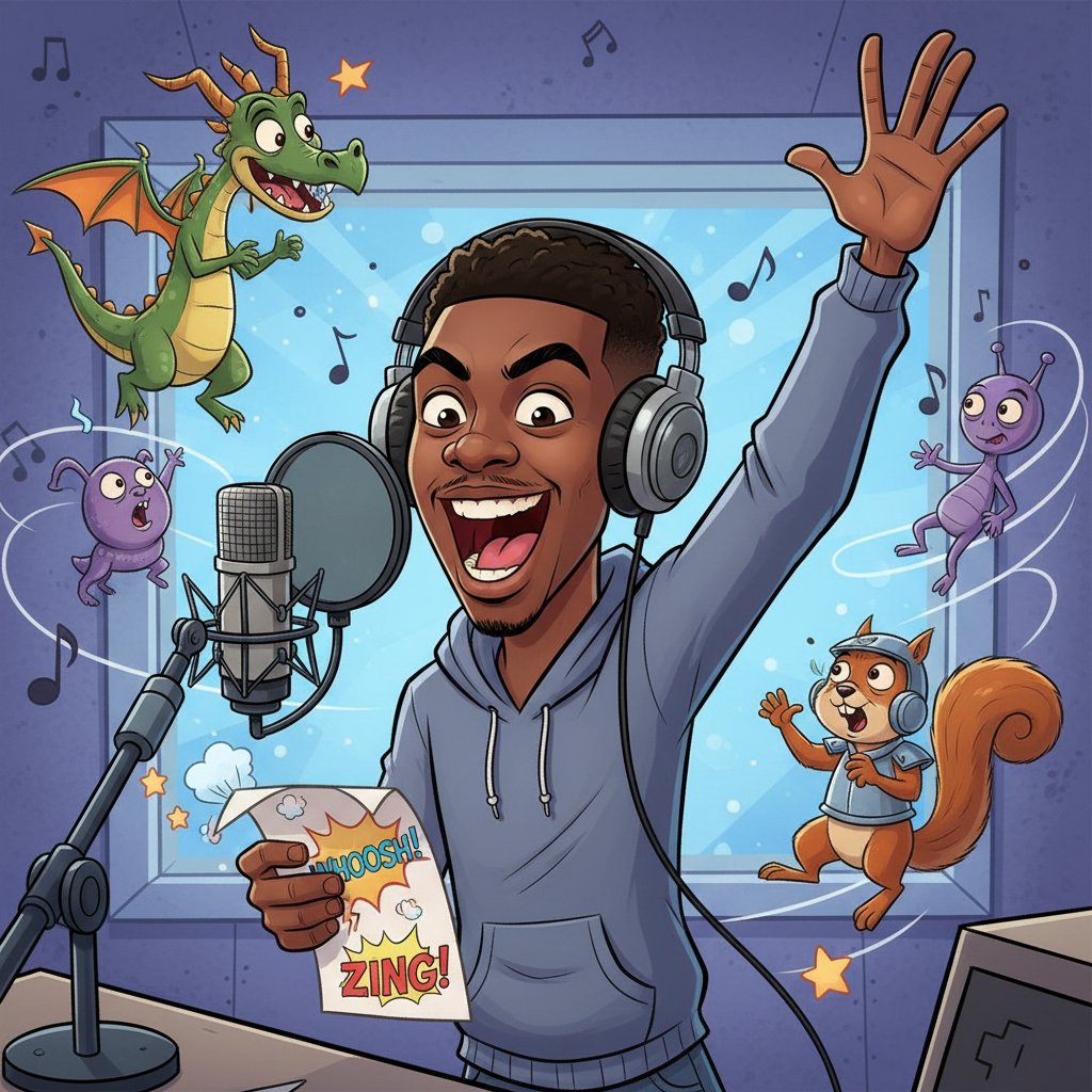 Playful illustration of John Boyega voicing an animated character. Alt text: John Boyega lends his voice to animation in john boyega movies and related projects.