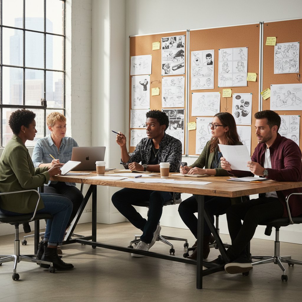 John Boyega in a creative meeting, storyboards visible. Alt text: John Boyega developing new film projects as a producer, expanding john boyega movies influence.